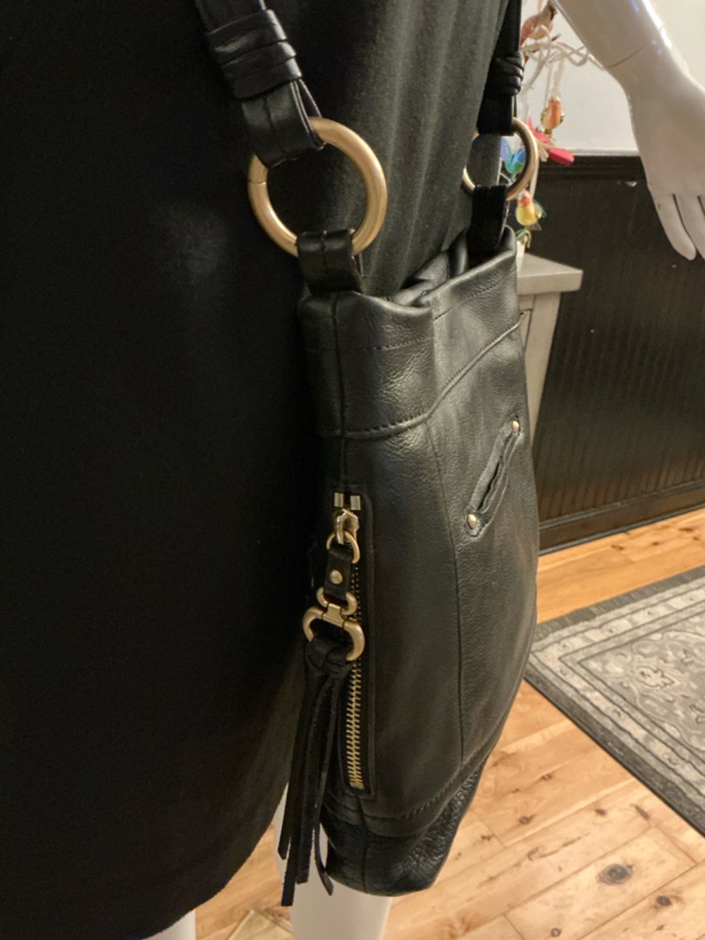 Rebecca Minkoff Black Fringe Leather Shoulder Bag Gold Detail Festival Crossbody - Picture 7 of 10